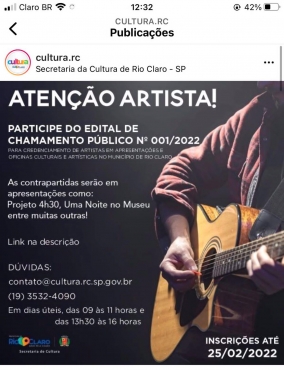EDITAL DE CHAMAMENTO PÚBLICO N. 001/22 – SEC. CULTURA DE RIO CLARO
